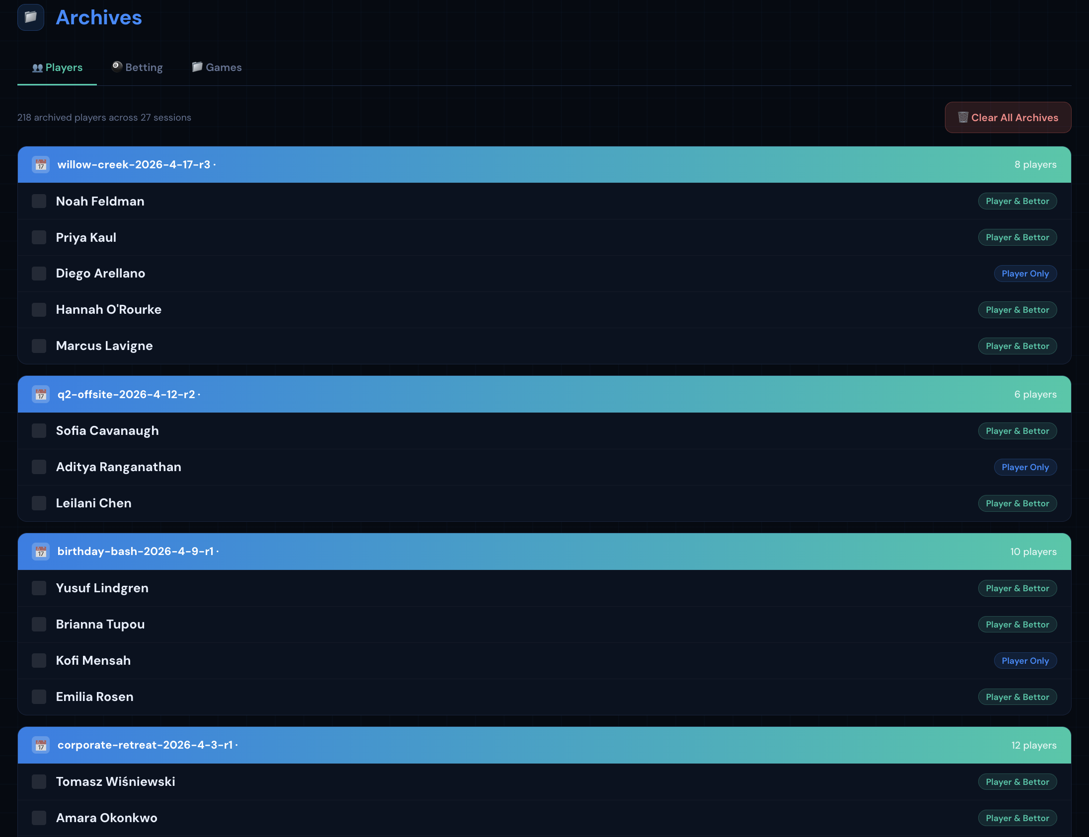 Admin — Game Archives & Exports